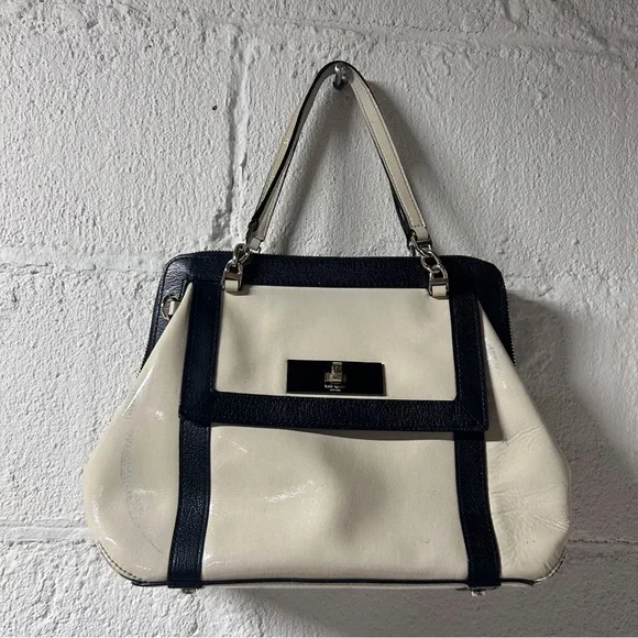 Kate Spade Auburn Place Cayton Satchel Bag Patent Cow Leather Cream and Black - Picture 15 of 15